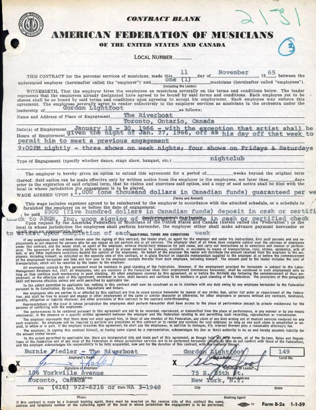Gordon Lightfoot Performance Contracts
